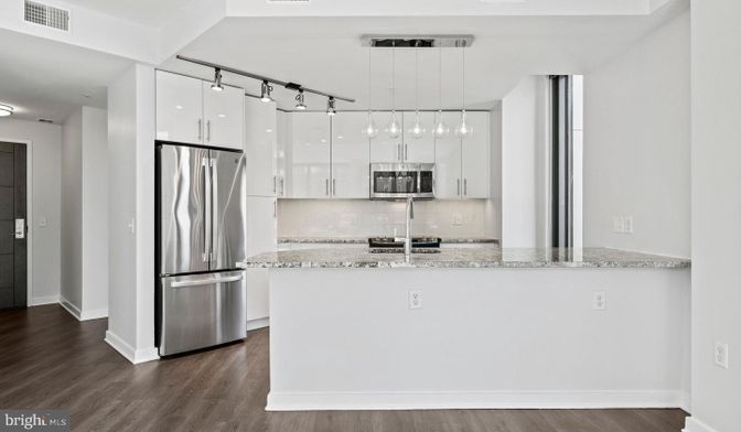 Interior, Kitchen, Pendant Lights, Stainless Steel Appliances, Wood Texture Flooring