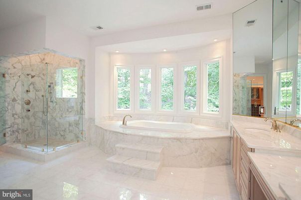 Bathroom, Glass Shower, Interior, Marble Walls, Recessed Lighting