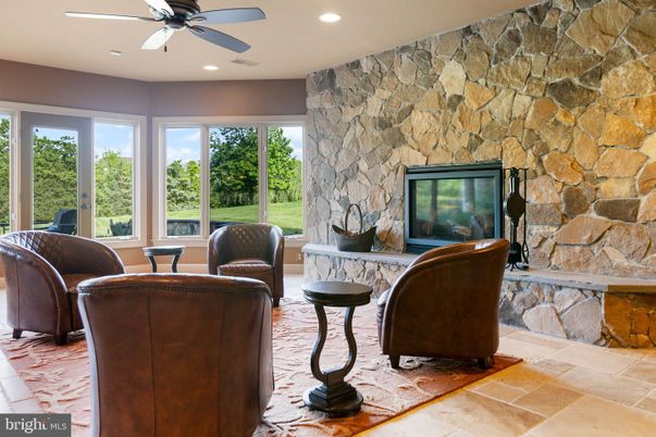 Fireplace, Interior, Recessed Lighting, Stone Walls
