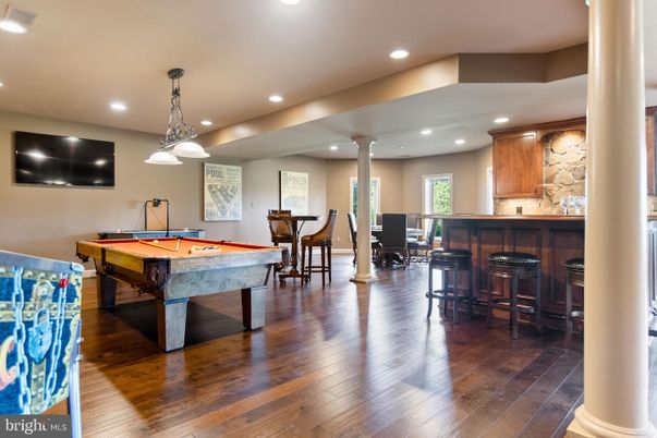 Billiard Table, Game Room, Interior, Pendant Lights, Recessed Lighting, Wood Texture Flooring