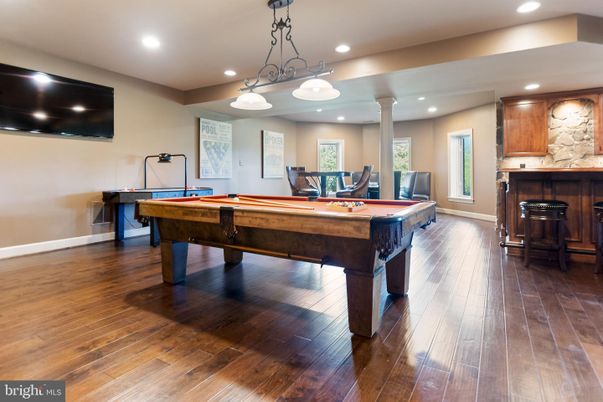 Billiard Table, Chandelier, Game Room, Interior, Recessed Lighting, Wood Texture Flooring