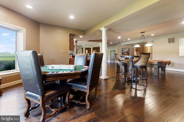 Dining room, Game Room, Interior, Pendant Lights, Recessed Lighting, Wood Texture Flooring