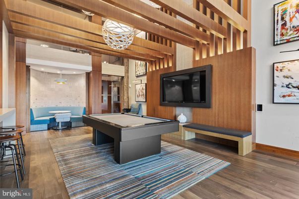 Billiard Table, Chandelier, Game Room, Interior, Pendant Lights, Recessed Lighting, Wood Texture Flooring