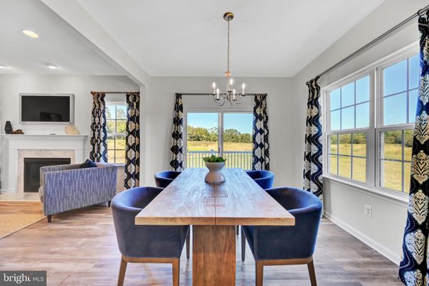 Chandelier, Dining room, Fireplace, Interior, Recessed Lighting, Wood Texture Flooring