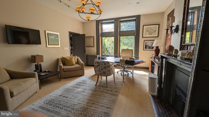 Chandelier, Fireplace, Home Office, Interior