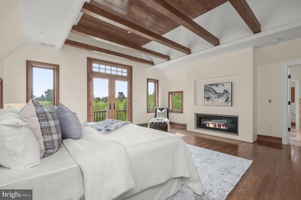 Bedroom, Fireplace, Interior, Recessed Lighting, Wooden Beams, Wooden Ceilings, Wood Texture Flooring