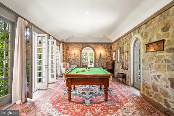 Billiard Table, Game Room, Interior, Recessed Lighting, Stone Walls