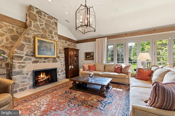 Fireplace, Interior, Living room, Pendant Lights, Recessed Lighting, Stone Walls, Wooden Beams