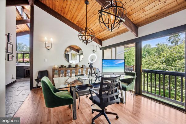 Dining room, Interior, Pendant Lights, Wooden Beams, Wooden Ceilings, Wood Texture Flooring