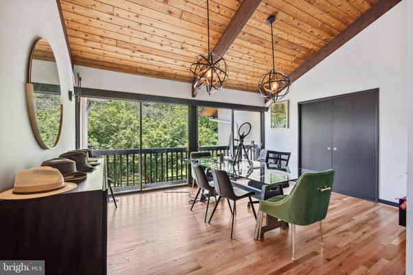 Dining room, Interior, Pendant Lights, Wooden Beams, Wooden Ceilings, Wood Texture Flooring