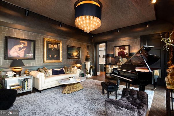 Chandelier, Interior, Living room, Piano, Stone Walls, Wood Texture Flooring