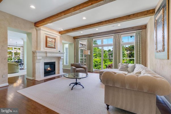 Fireplace, Interior, Living room, Recessed Lighting, Wooden Beams, Wood Texture Flooring