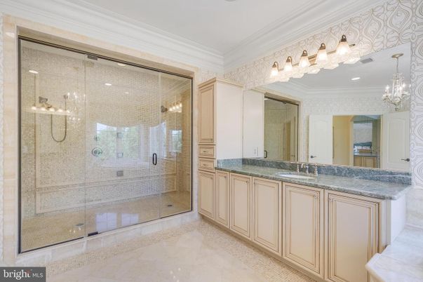 Bathroom, Chandelier, Glass Shower, Interior, Recessed Lighting