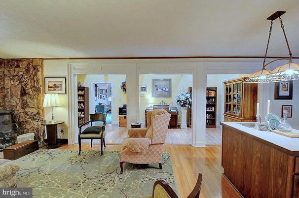 Fireplace, Interior, Living room, Pendant Lights, Stone Walls, Wood Texture Flooring