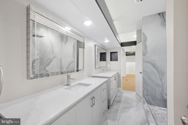 Bathroom, Dual Sink Vanities, Interior, Marble, Recessed Lighting