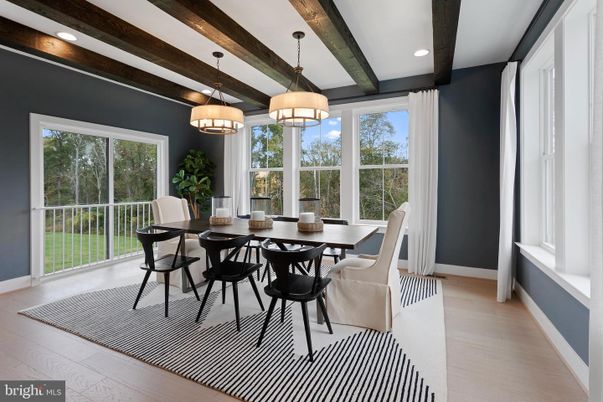 Chandelier, Dining room, Interior, Pendant Lights, Recessed Lighting, Wooden Beams, Wood Texture Flooring