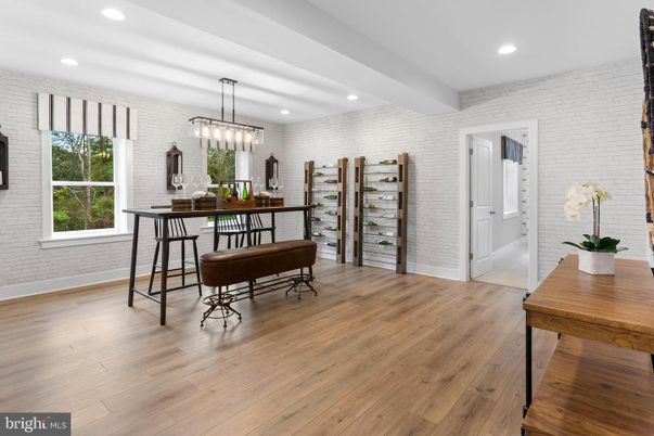 Chandelier, Dining room, Interior, Pendant Lights, Recessed Lighting, Stone Walls, Wood Texture Flooring