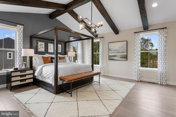 Bedroom, Interior, Pendant Lights, Recessed Lighting, Wooden Beams, Wood Texture Flooring