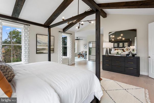 Bedroom, Interior, Pendant Lights, Wooden Beams, Wood Texture Flooring