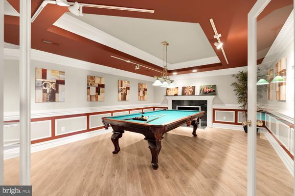 Billiard Table, Game Room, Interior, Pendant Lights, Recessed Lighting, Wood Texture Flooring