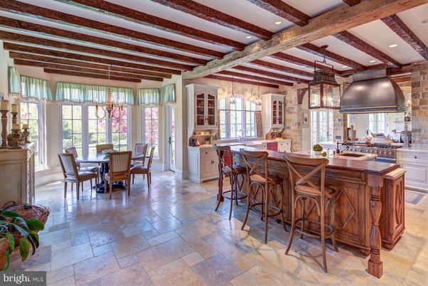Dining room, Interior, Kitchen, Pendant Lights, Recessed Lighting, Stone Walls, Wooden Beams