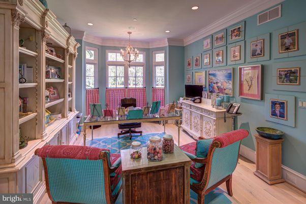 Chandelier, Home Office, Interior, Recessed Lighting, Wood Texture Flooring