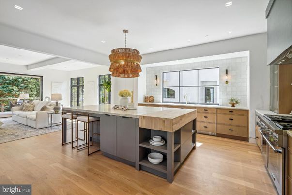 Chandelier, Interior, Kitchen, Living room, Recessed Lighting, Stainless Steel Appliances, Wood Texture Flooring