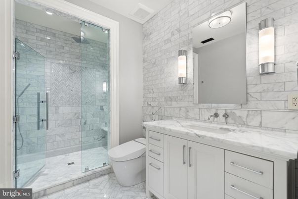 Bathroom, Glass Shower, Interior, Marble, Marble Walls, Recessed Lighting, Stone Walls