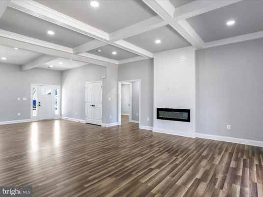 Empty room, Fireplace, Interior, Recessed Lighting, Wood Texture Flooring
