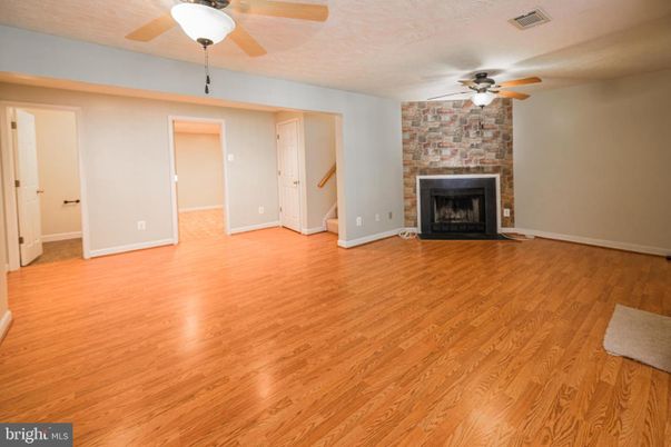 Empty room, Fireplace, Interior, Stone Walls, Wood Texture Flooring