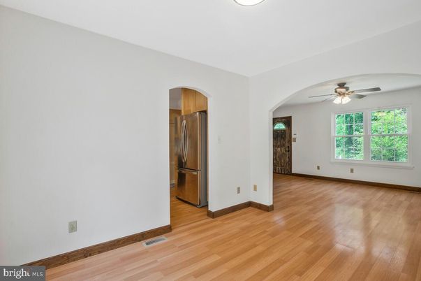 Empty room, Interior, Kitchen, Stainless Steel Appliances, Wood Texture Flooring