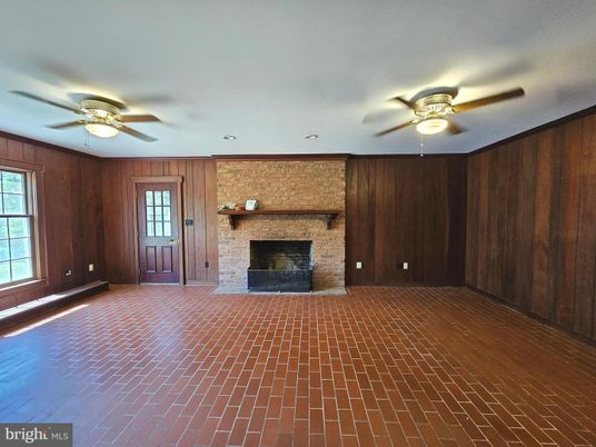 Empty room, Fireplace, Interior, Recessed Lighting, Wooden Walls