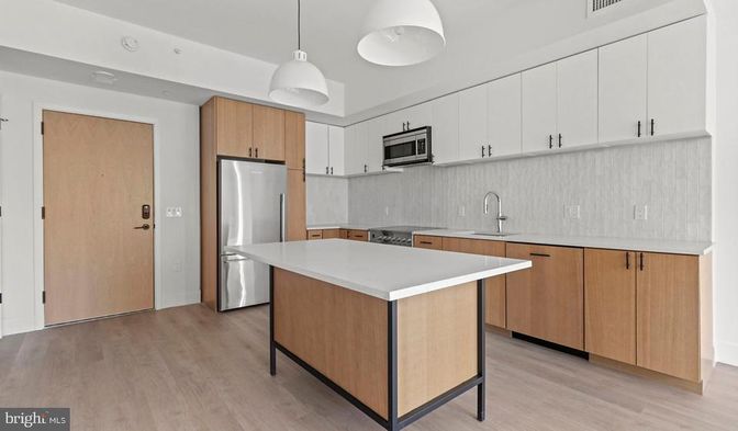 Interior, Kitchen, Pendant Lights, Stainless Steel Appliances, Wood Texture Flooring