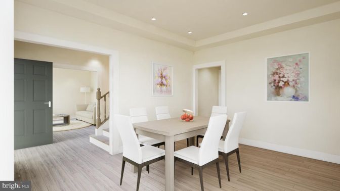 Dining room, Interior, Recessed Lighting, Wood Texture Flooring
