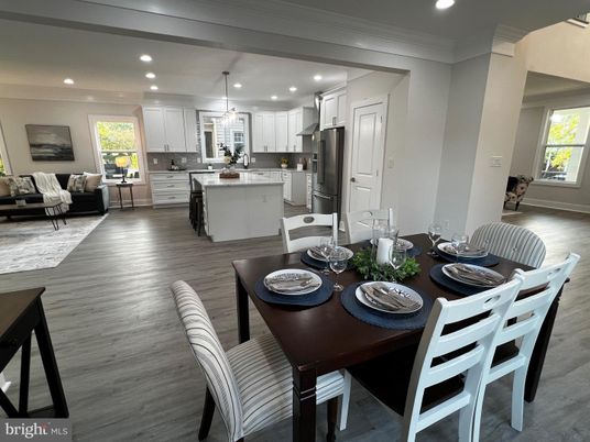 Dining room, Interior, Kitchen, Living room, Pendant Lights, Recessed Lighting, Stainless Steel Appliances, Wood Texture Flooring