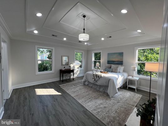 Bedroom, Interior, Pendant Lights, Recessed Lighting, Wood Texture Flooring