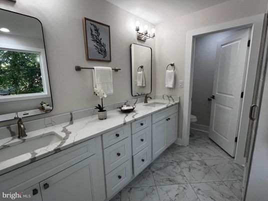Bathroom, Dual Sink Vanities, Interior, Marble, Recessed Lighting