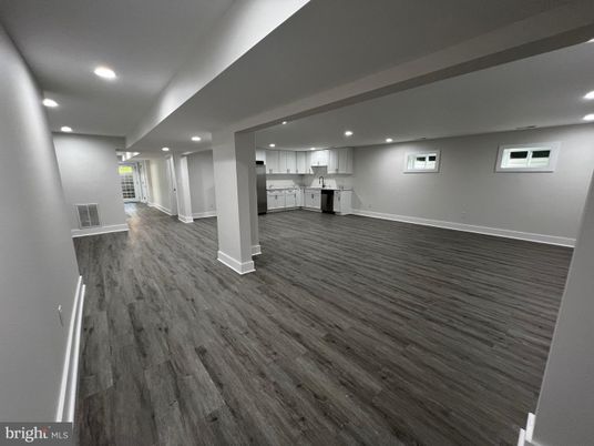 Empty room, Interior, Kitchen, Recessed Lighting, Wood Texture Flooring