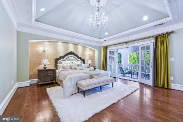 Bedroom, Chandelier, Interior, Recessed Lighting, Wood Texture Flooring