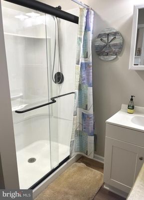 Bathroom, Glass Shower, Interior, Wood Texture Flooring