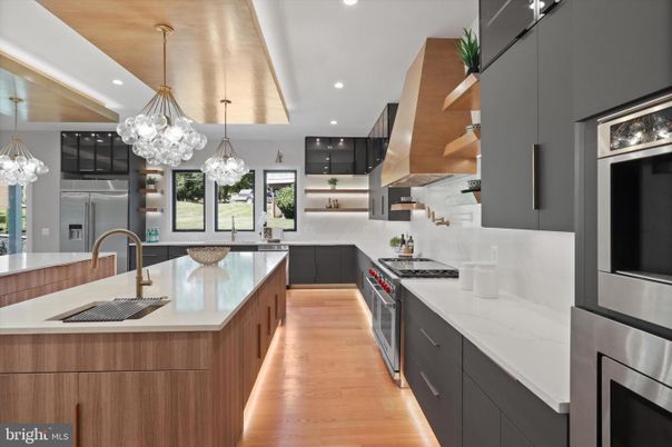 Chandelier, Interior, Kitchen, Pendant Lights, Recessed Lighting, Stainless Steel Appliances, Wood Texture Flooring