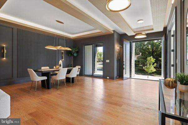 Dining room, Interior, Pendant Lights, Wood Texture Flooring