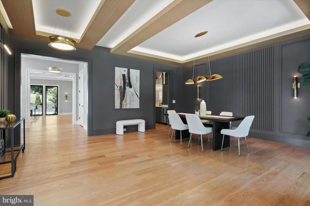 Dining room, Interior, Pendant Lights, Wood Texture Flooring