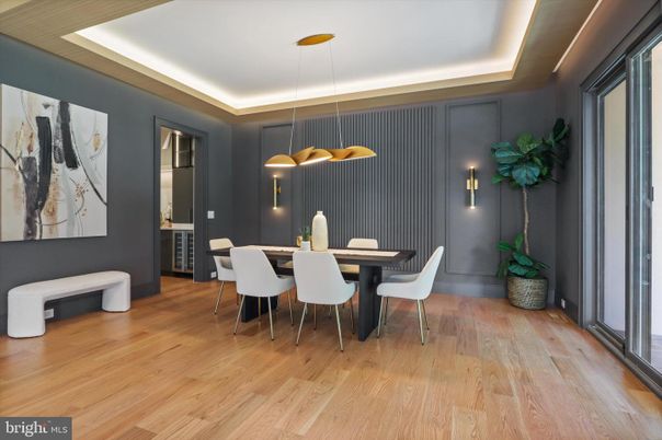 Dining room, Interior, Pendant Lights, Wood Texture Flooring
