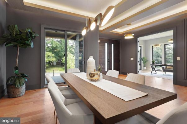 Dining room, Interior, Pendant Lights, Wood Texture Flooring