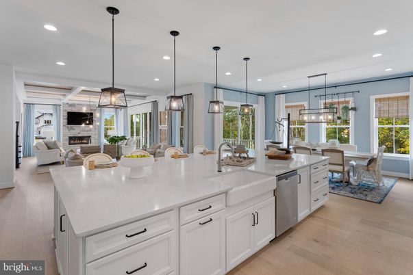Dining room, Fireplace, Interior, Kitchen, Living room, Pendant Lights, Recessed Lighting, Stainless Steel Appliances, Wood Texture Flooring