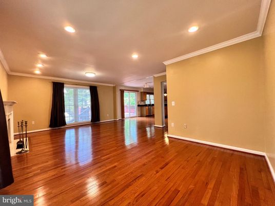 Empty room, Fireplace, Interior, Recessed Lighting, Wood Texture Flooring