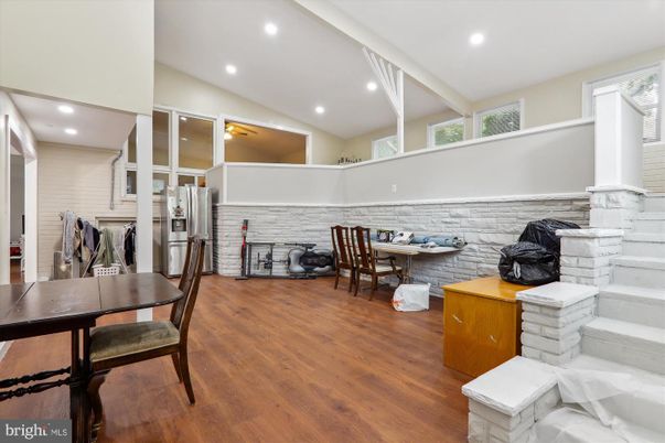 Dining room, Interior, Kitchen, Recessed Lighting, Stone Walls, Wood Texture Flooring