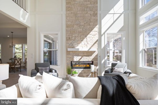 Dining room, Fireplace, Interior, Living room, Pendant Lights, Stone Walls, Wood Texture Flooring