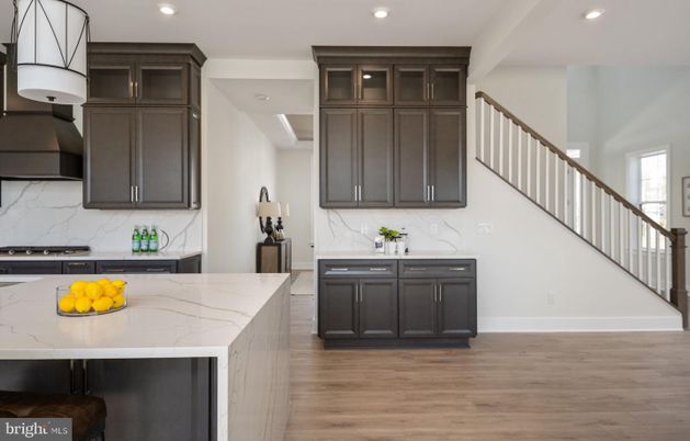 Interior, Kitchen, Marble Walls, Recessed Lighting, Wood Texture Flooring